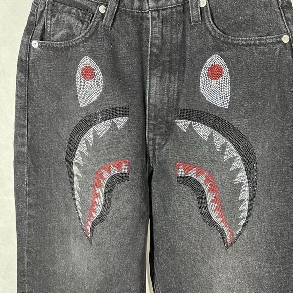 Bape Crystal Stone Shark High Waist Ankle Cropped Jeans Black Size XS - Picture 13 of 15